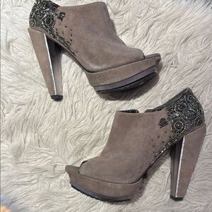 Sam Edelman Taupe Suede Peep-Toe Platform Heels with Beaded Accent